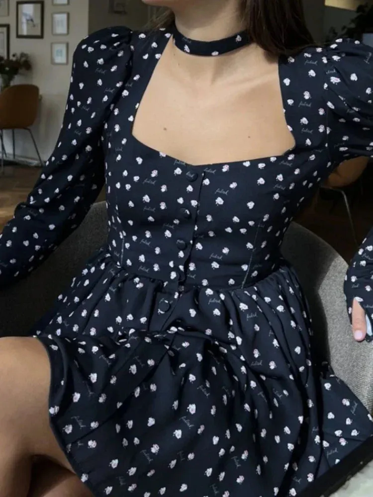 2024 Summer Casual Long Sleeve France Retro Floral Dress for Women
