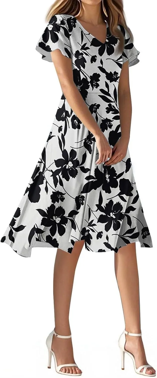 2025 Summer Dresses for Womencasualflowyelegant Wedding Dress Ruffle Short Sleeve Floral Dresses Midi Chiffon Dress