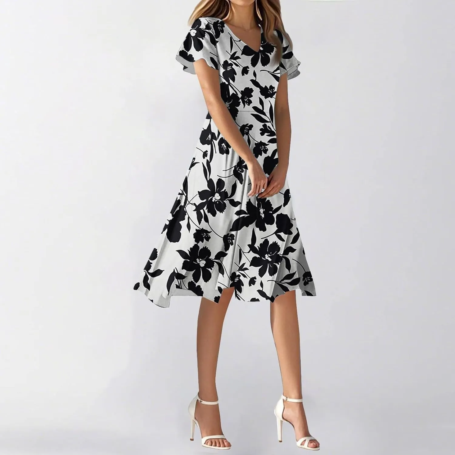 2025 Summer Dresses for Womencasualflowyelegant Wedding Dress Ruffle Short Sleeve Floral Dresses Midi Chiffon Dress