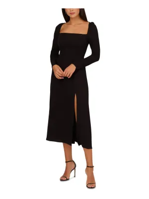 ADRIANNA PAPELL Womens Black Zippered Open Back Tie Smocked Back Thigh-high Slit Long Sleeve Square Neck Midi Party Fit   Flare Dress