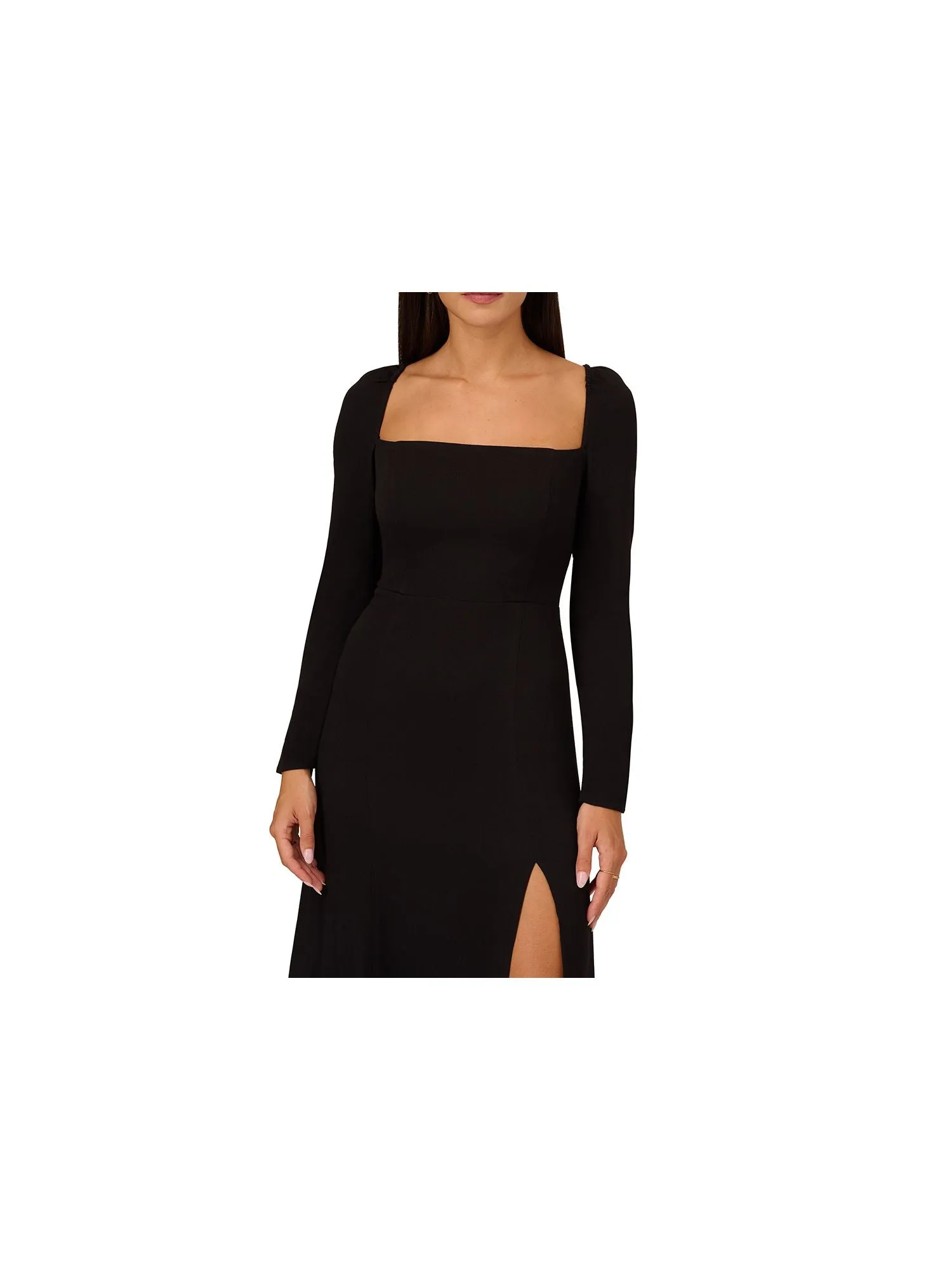 ADRIANNA PAPELL Womens Black Zippered Open Back Tie Smocked Back Thigh-high Slit Long Sleeve Square Neck Midi Party Fit   Flare Dress