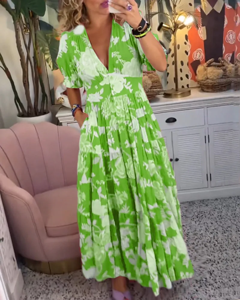 Amalia - Floral Print V-Neck Pocket Dress