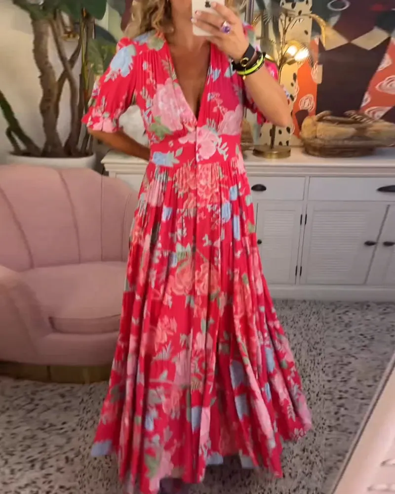 Amalia - Floral Print V-Neck Pocket Dress