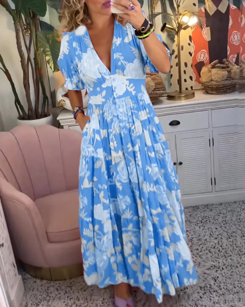 Amalia - Floral Print V-Neck Pocket Dress
