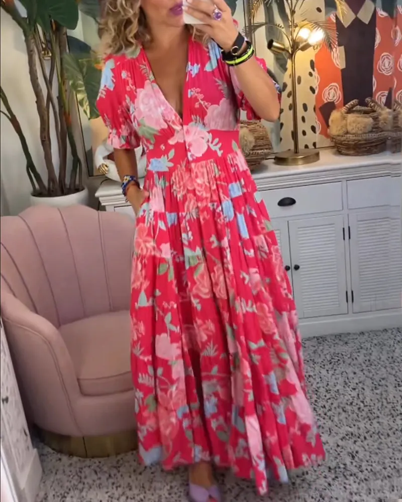 Amalia - Floral Print V-Neck Pocket Dress