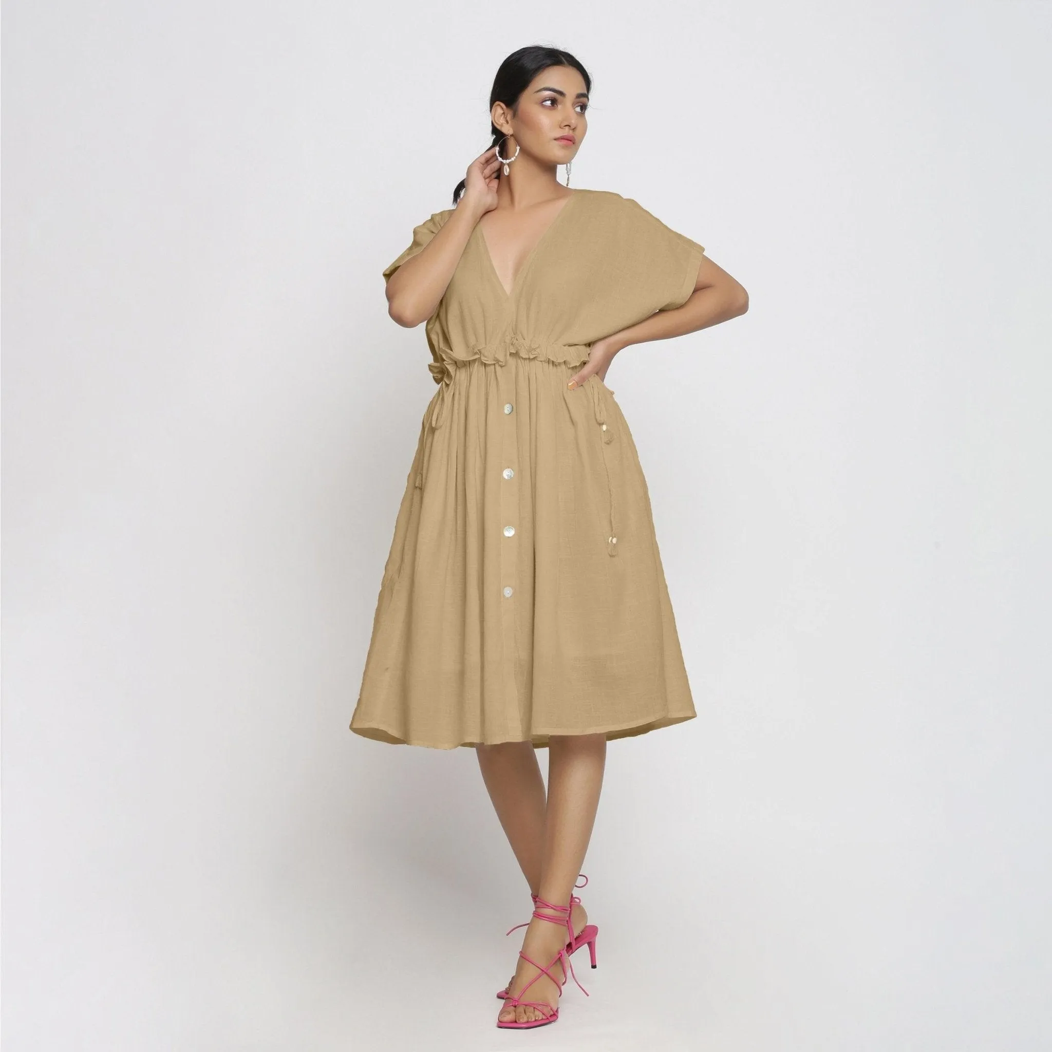 Beige Cotton Knee Length Bohemian Frilled Dress