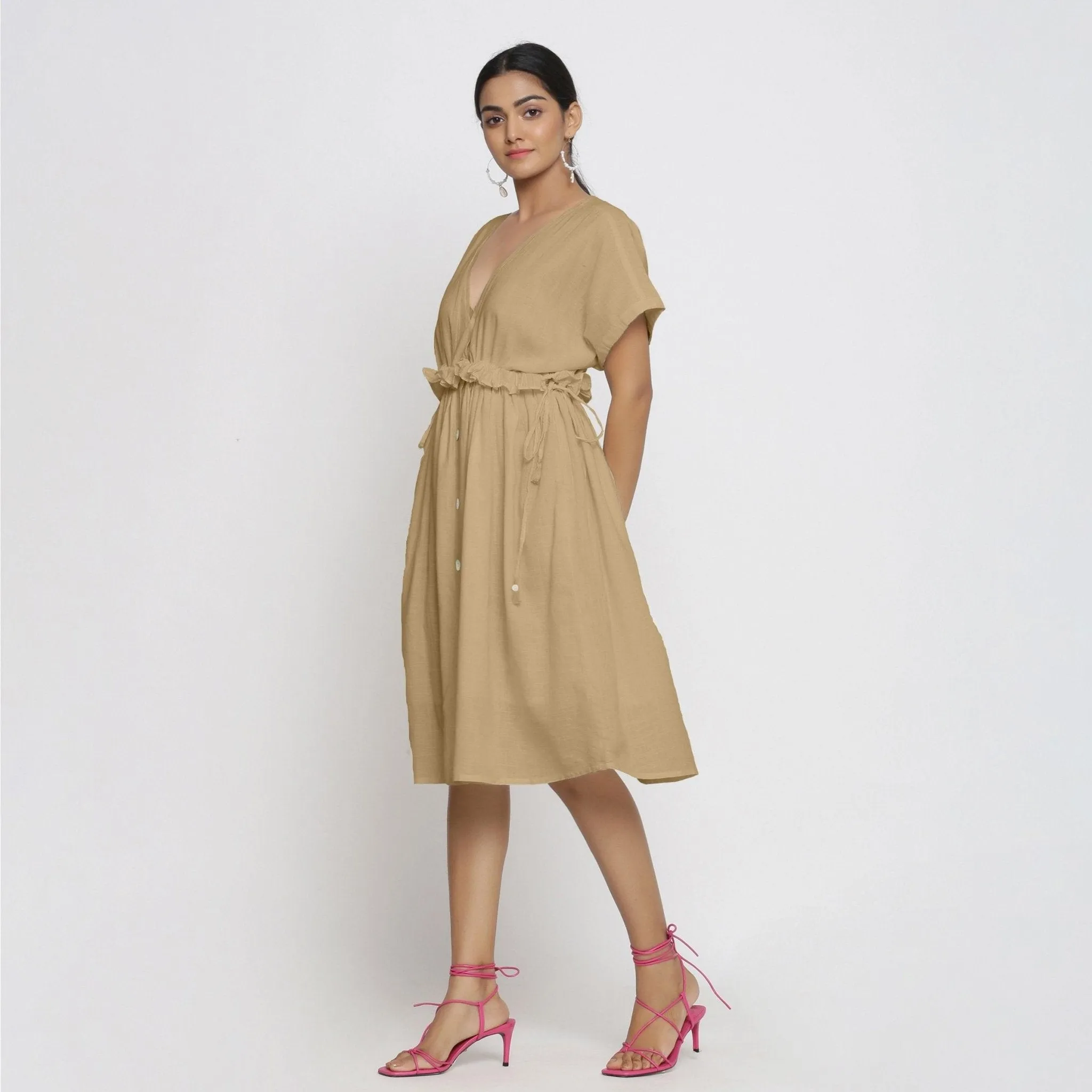 Beige Cotton Knee Length Bohemian Frilled Dress