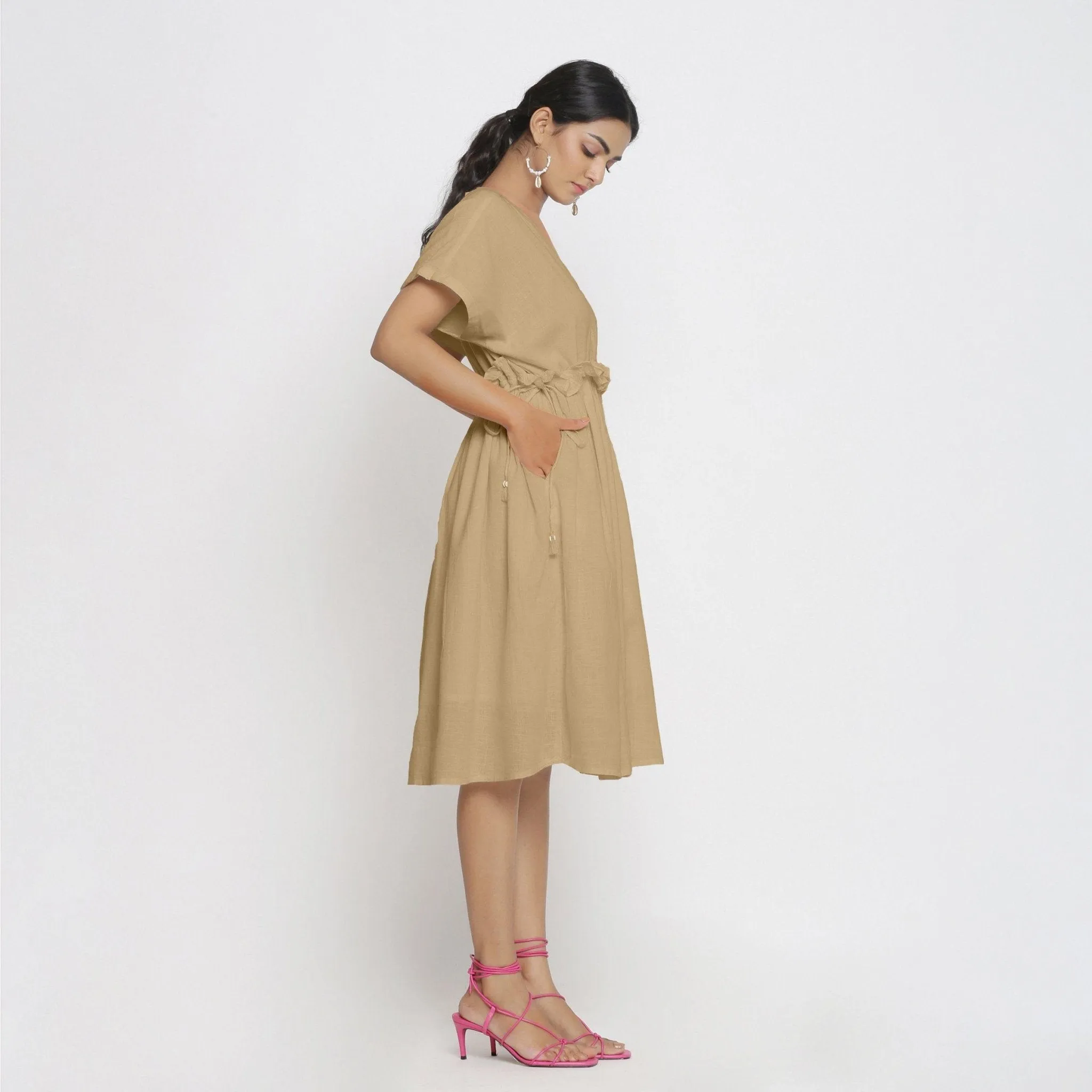 Beige Cotton Knee Length Bohemian Frilled Dress