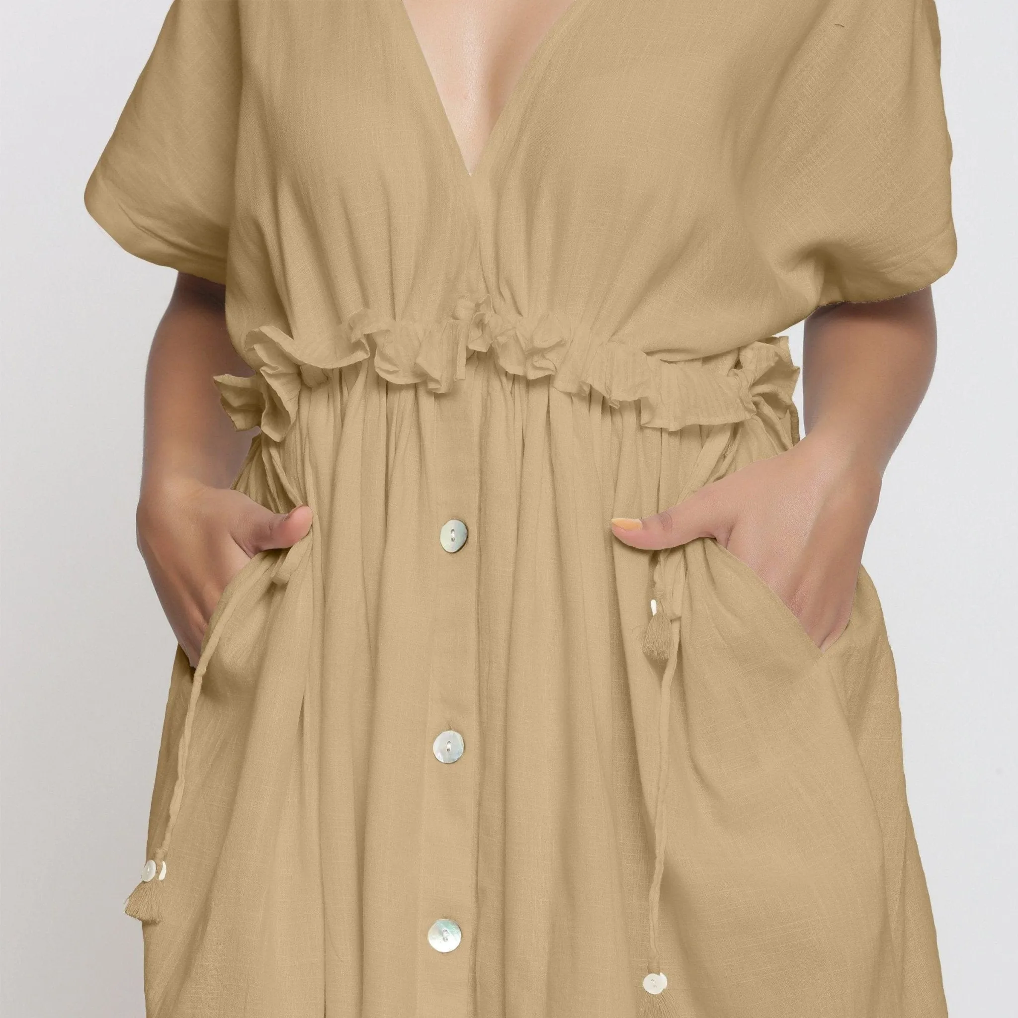 Beige Cotton Knee Length Bohemian Frilled Dress