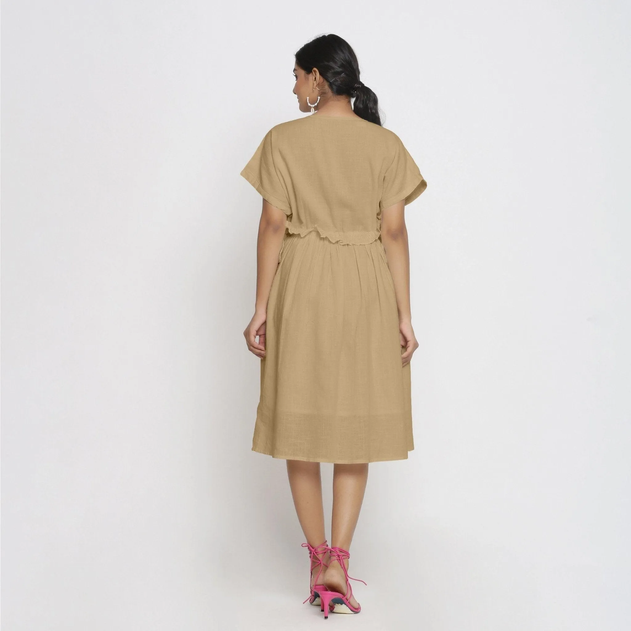 Beige Cotton Knee Length Bohemian Frilled Dress