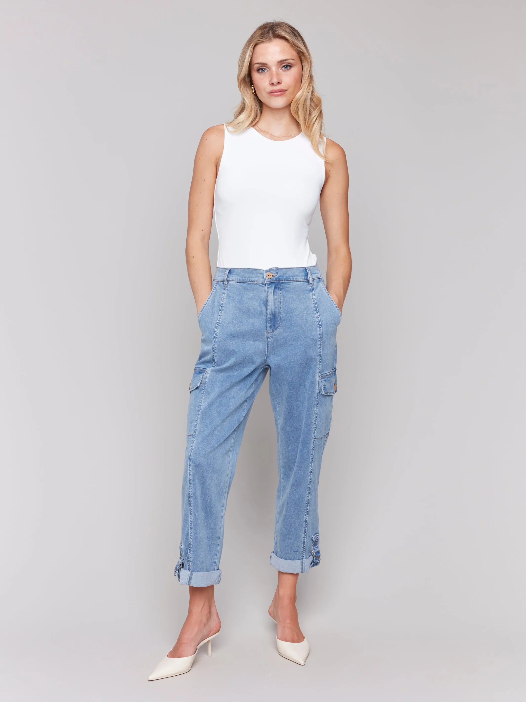 Charlie B Spring/Summer 2025-C5492R-198-Stretch Tencel Cargo Pants-Chambray