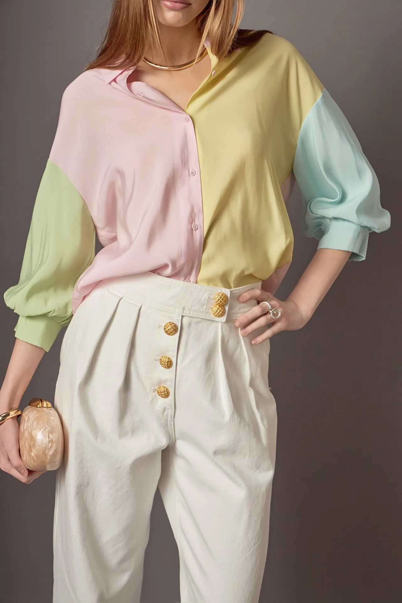 Color Block Volume Sleeves Shirt