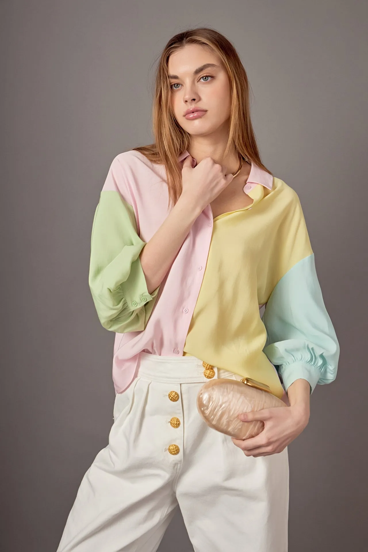 Color Block Volume Sleeves Shirt
