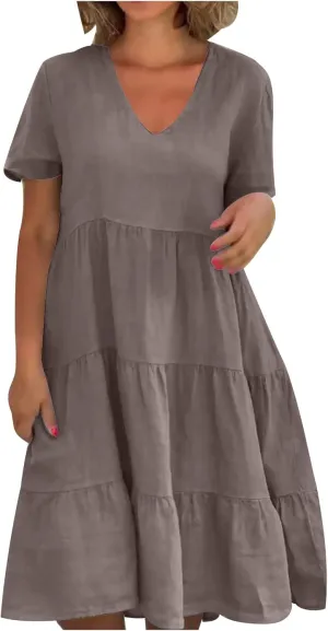 Cotton Linen Summer Dresses for Women 2024 Casual V Neck Short Sleeve Sundress Vintage Solid Pleated Midi Dress