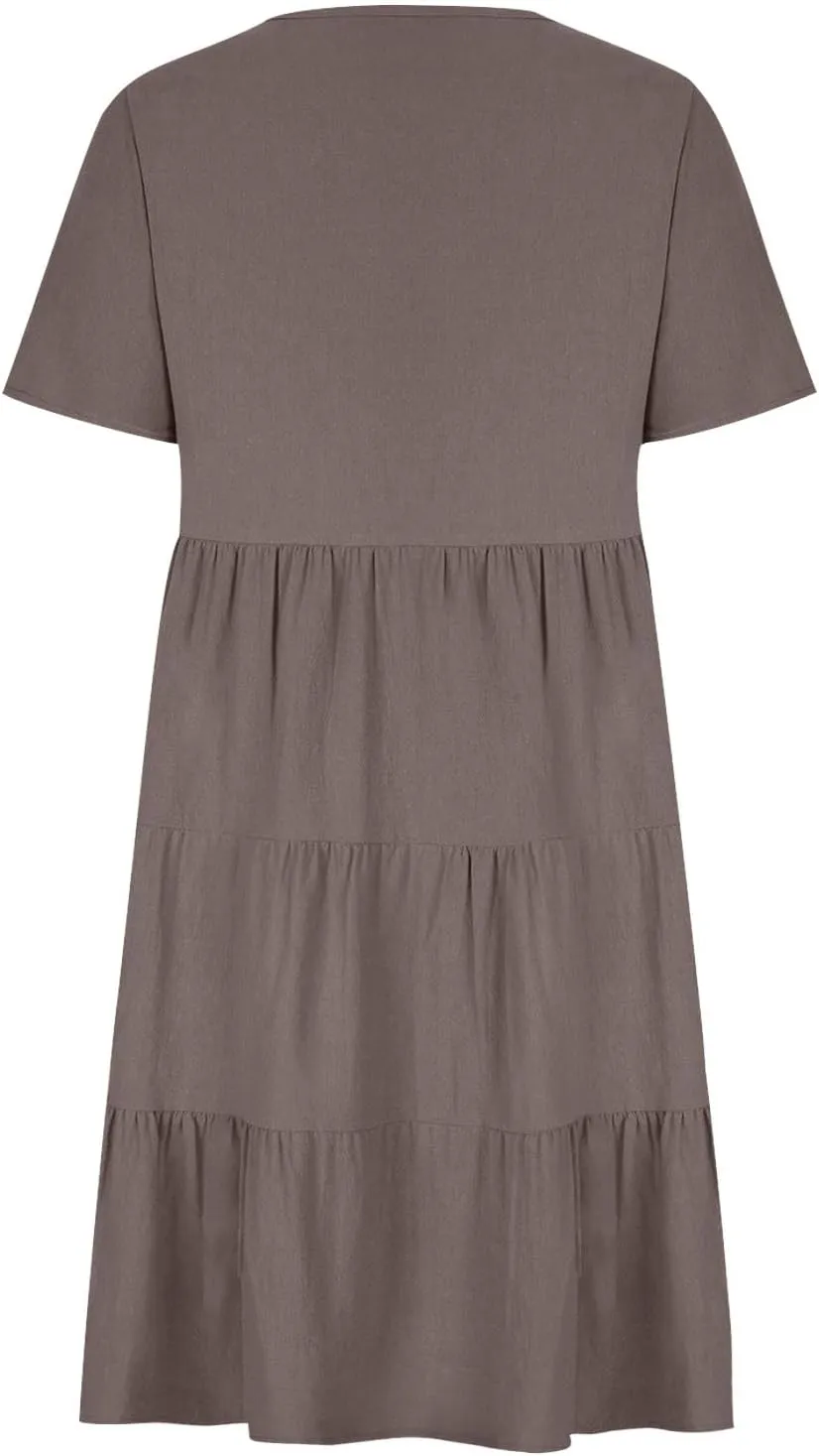 Cotton Linen Summer Dresses for Women 2024 Casual V Neck Short Sleeve Sundress Vintage Solid Pleated Midi Dress