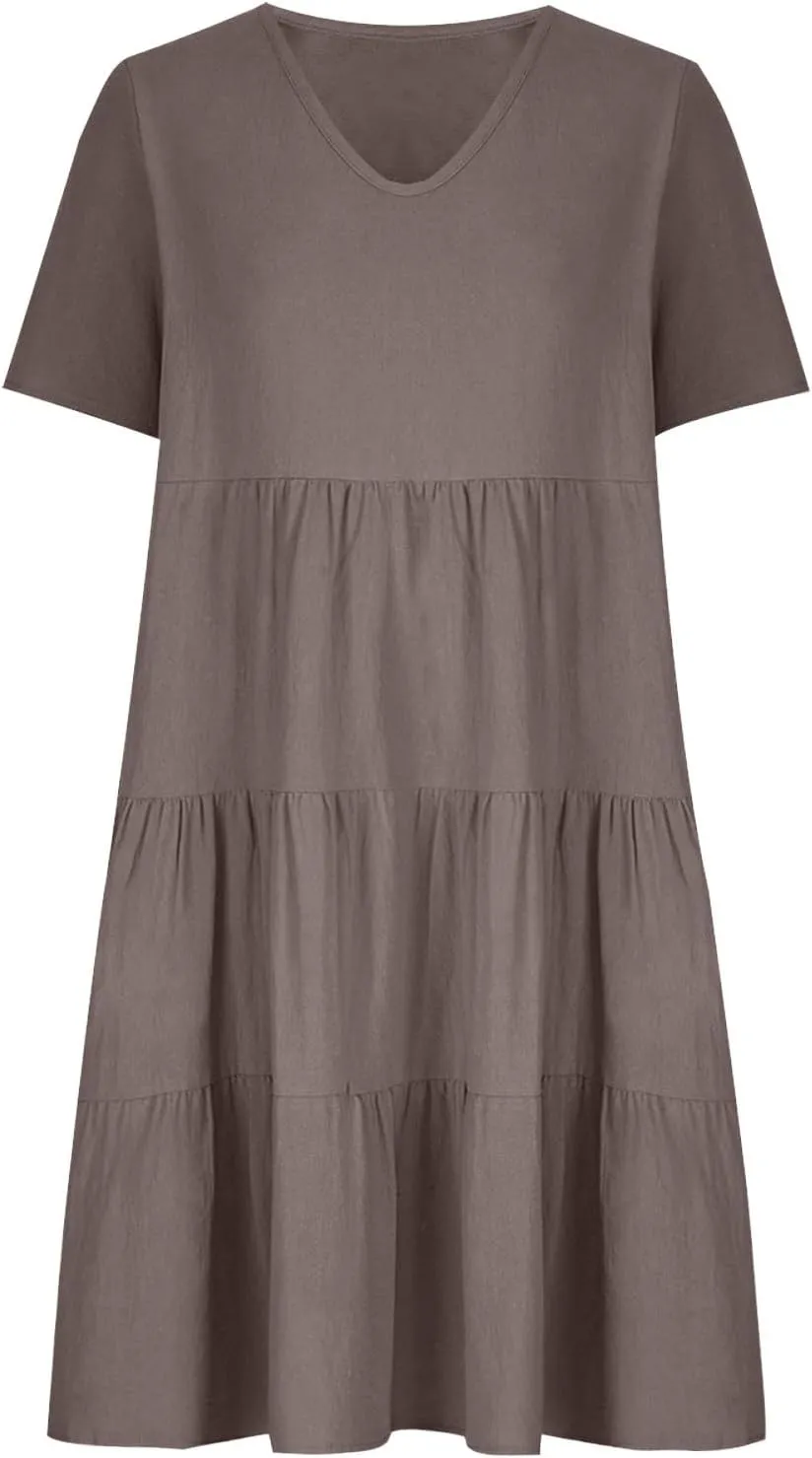 Cotton Linen Summer Dresses for Women 2024 Casual V Neck Short Sleeve Sundress Vintage Solid Pleated Midi Dress