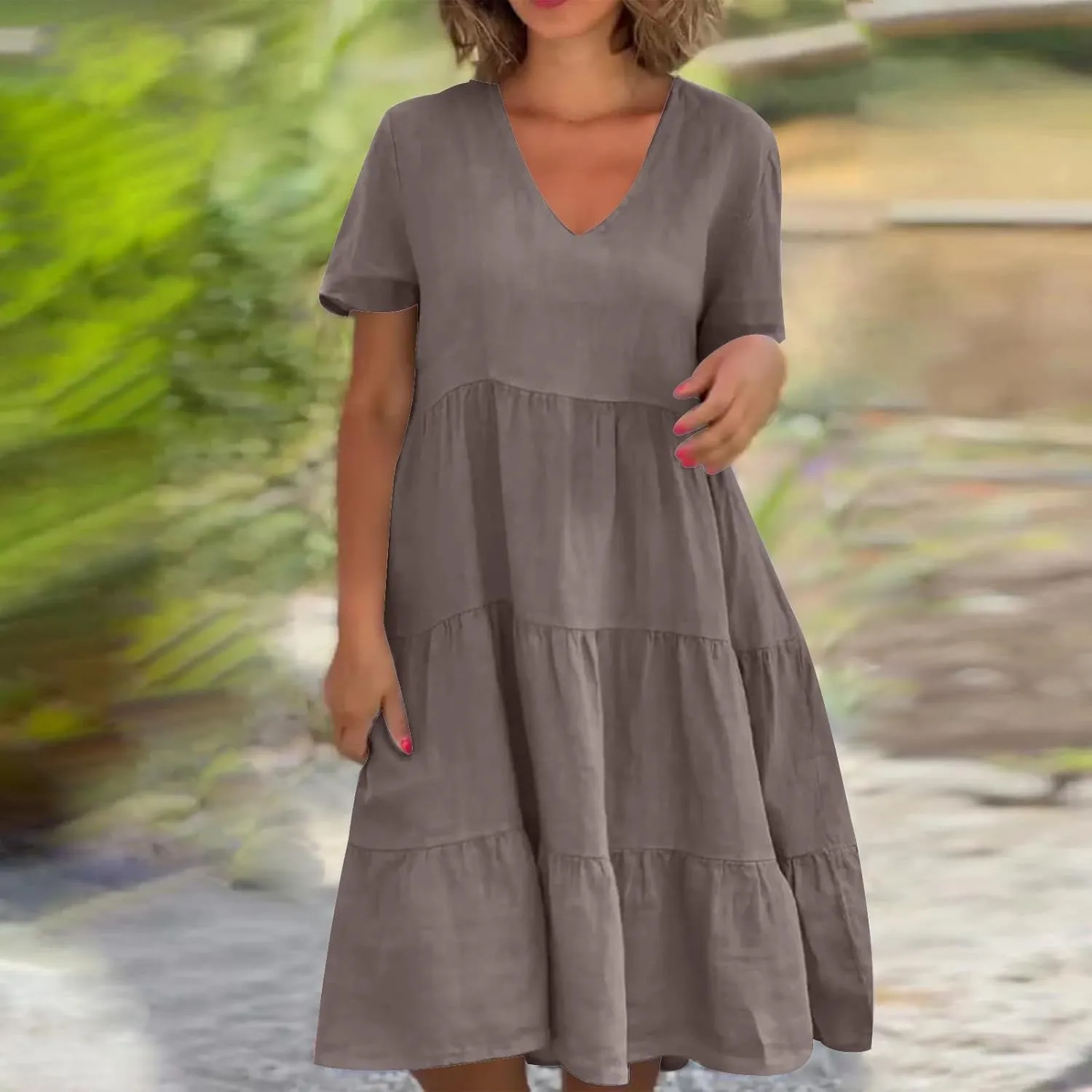 Cotton Linen Summer Dresses for Women 2024 Casual V Neck Short Sleeve Sundress Vintage Solid Pleated Midi Dress
