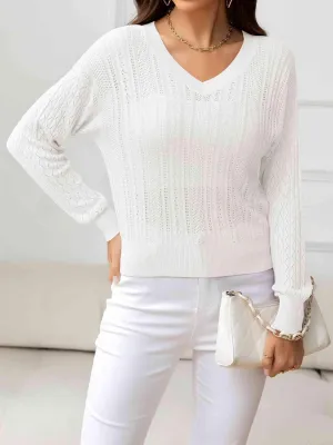Cozy Minimalist Eyelet V Neck Knit Sweater