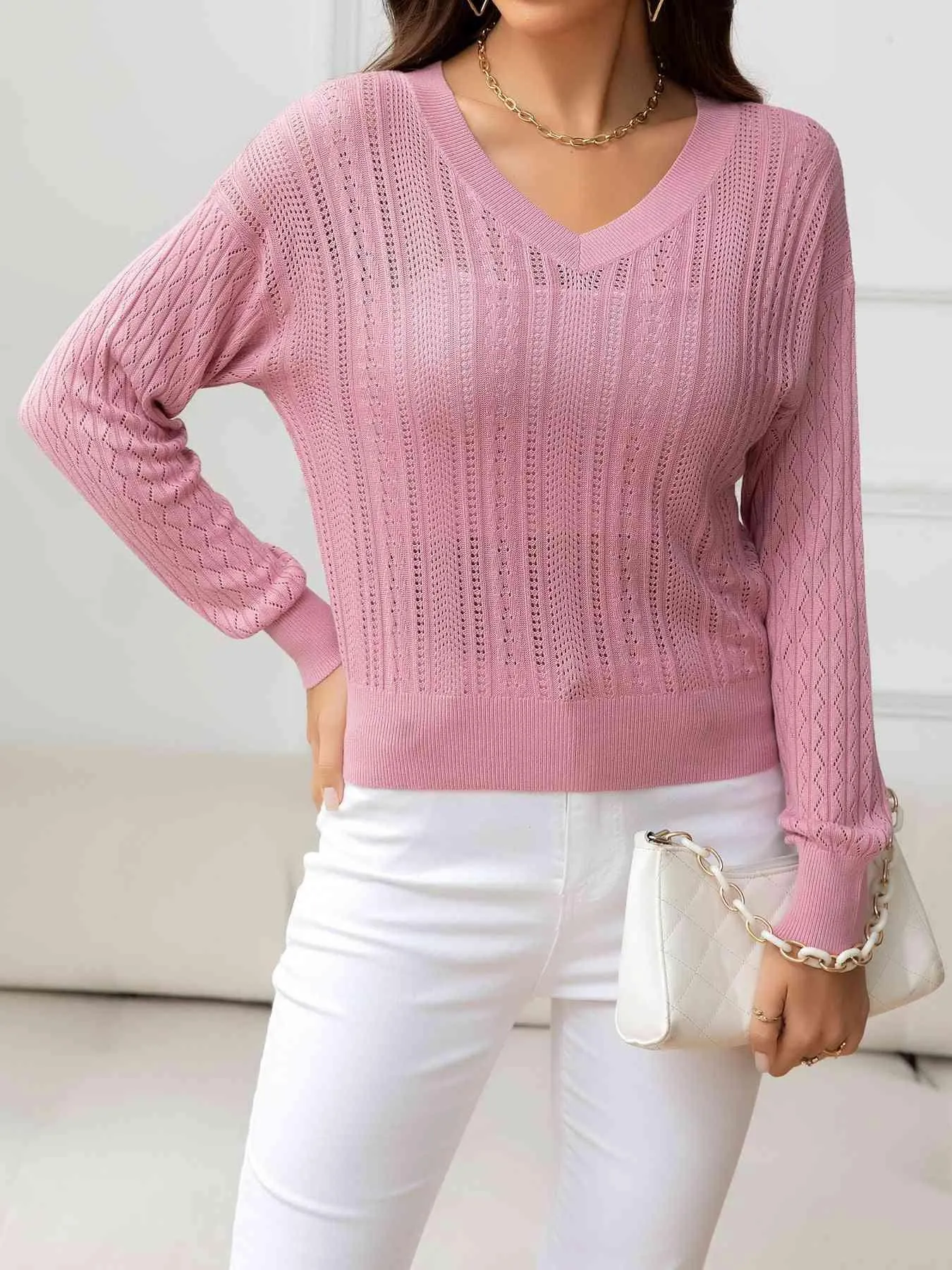 Cozy Minimalist Eyelet V Neck Knit Sweater