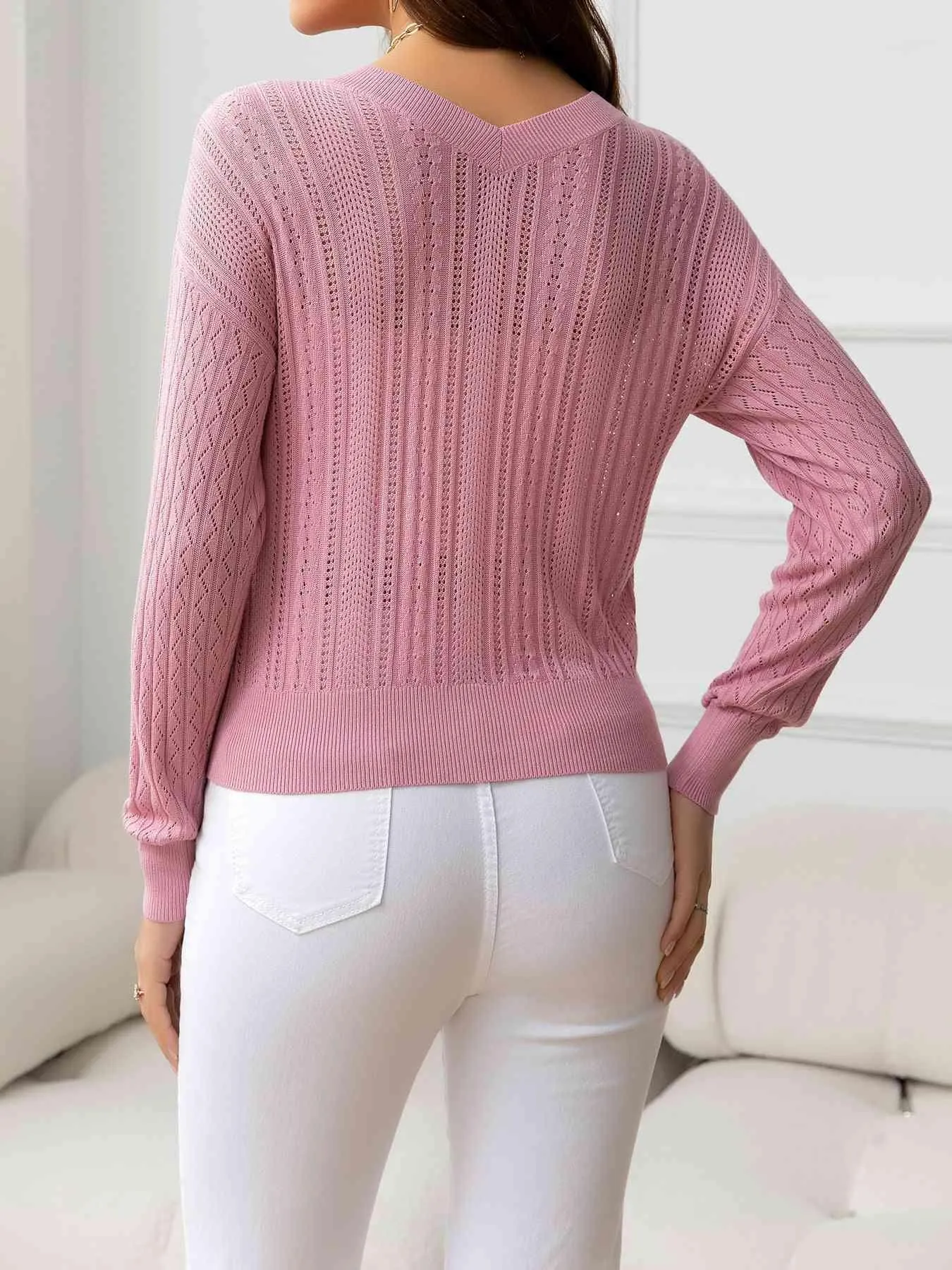 Cozy Minimalist Eyelet V Neck Knit Sweater