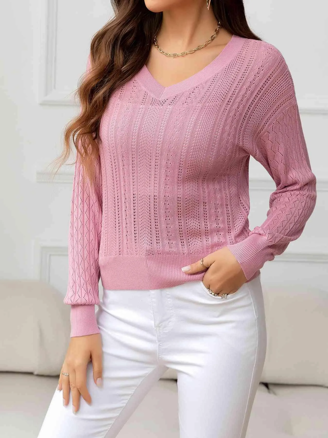 Cozy Minimalist Eyelet V Neck Knit Sweater