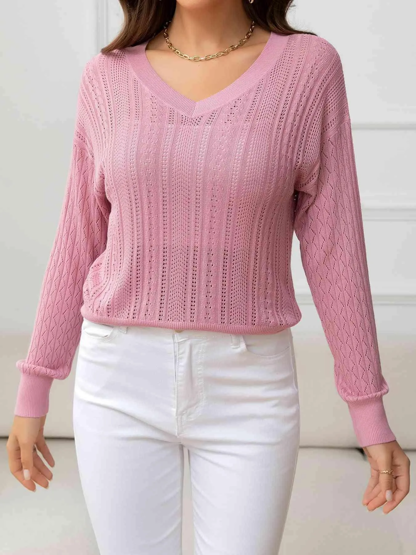 Cozy Minimalist Eyelet V Neck Knit Sweater