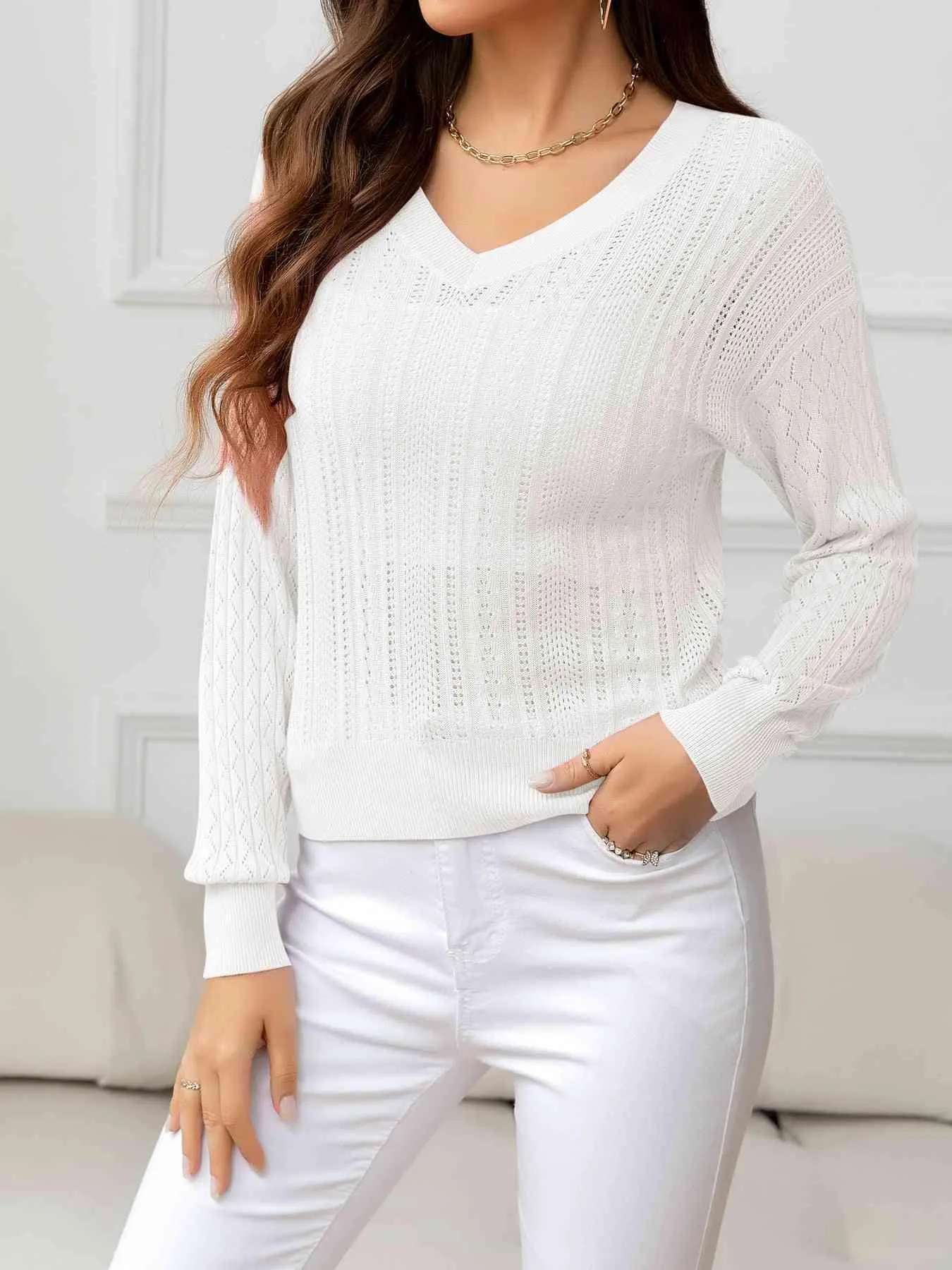 Cozy Minimalist Eyelet V Neck Knit Sweater