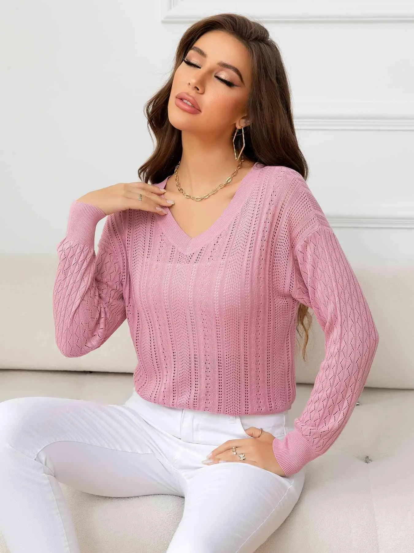 Cozy Minimalist Eyelet V Neck Knit Sweater