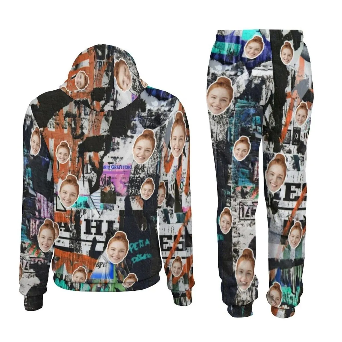 Custom Face Graffiti Hoodie Sweatpant Set Personalized Unisex Loose Hoodie Top Outfits