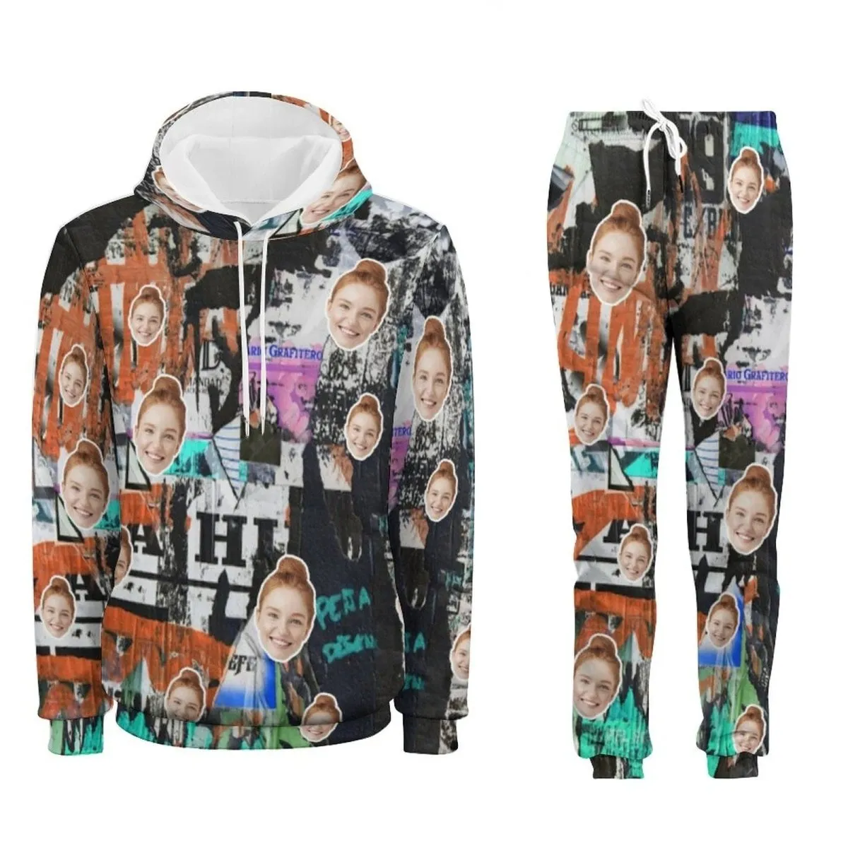 Custom Face Graffiti Hoodie Sweatpant Set Personalized Unisex Loose Hoodie Top Outfits