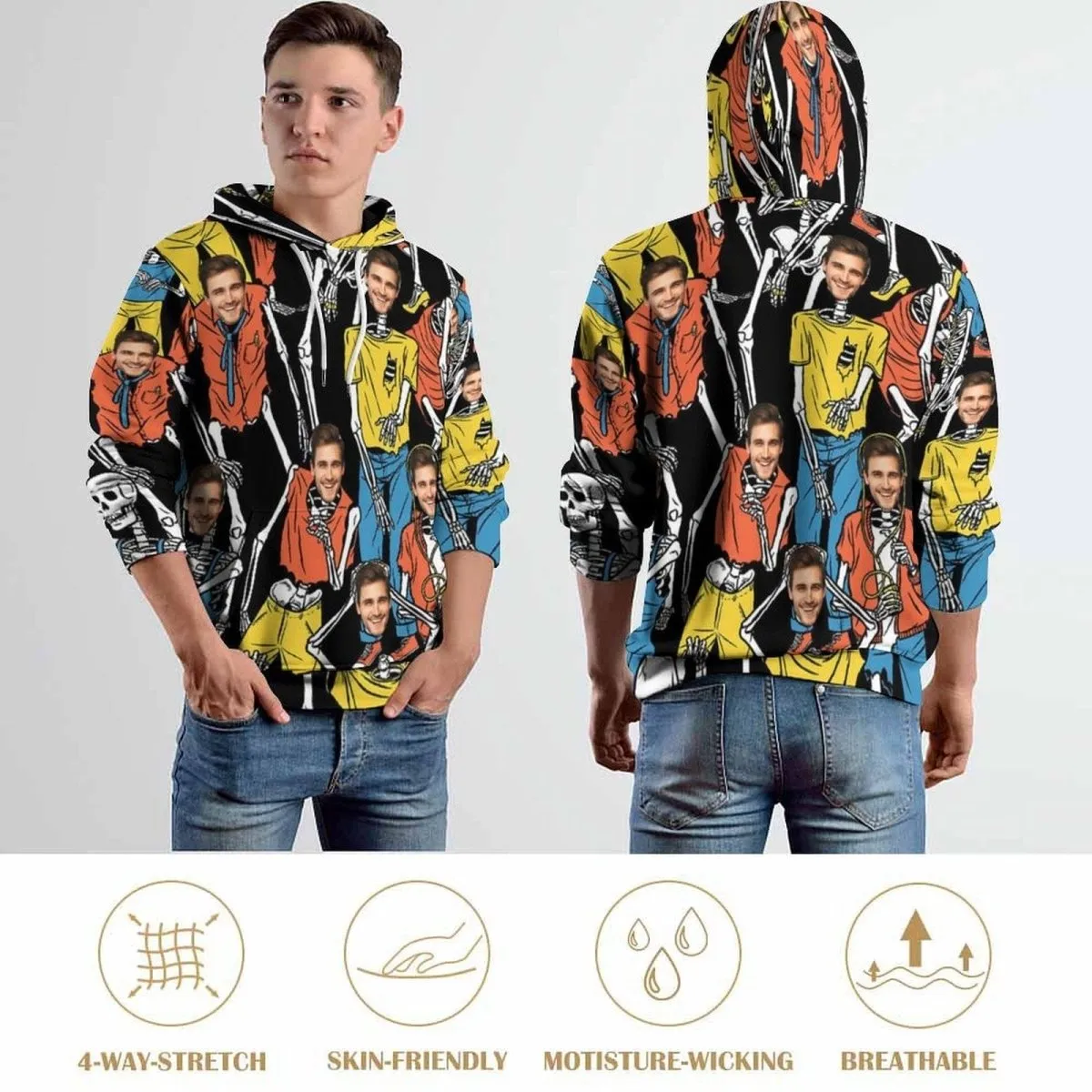 Custom Face Hoodie Skeleton Unisex Large Size Design Your Own Hoodie Personalized Loose Hoodie Top Outfits