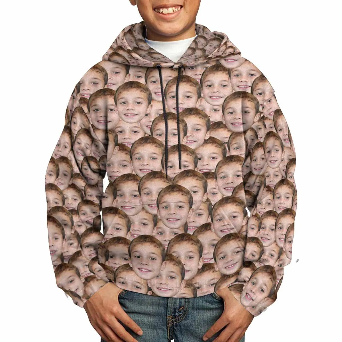Custom Face Seamless Hoodie for 5~15Y Youth Personalized Hooded Pullover Loose Hoodie