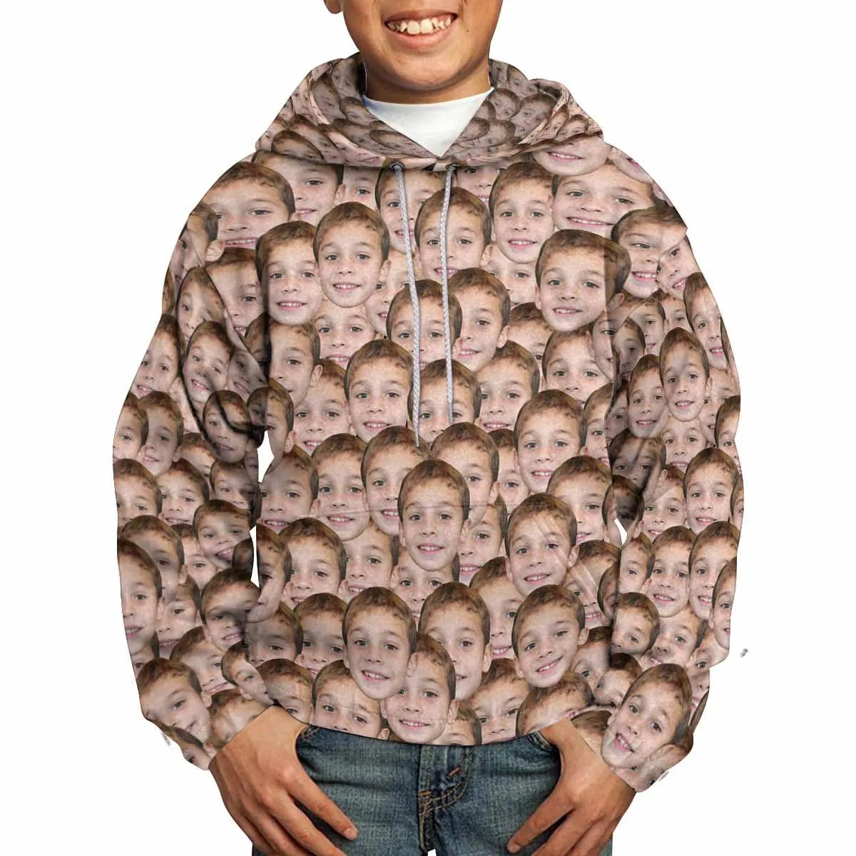 Custom Face Seamless Hoodie for 5~15Y Youth Personalized Hooded Pullover Loose Hoodie