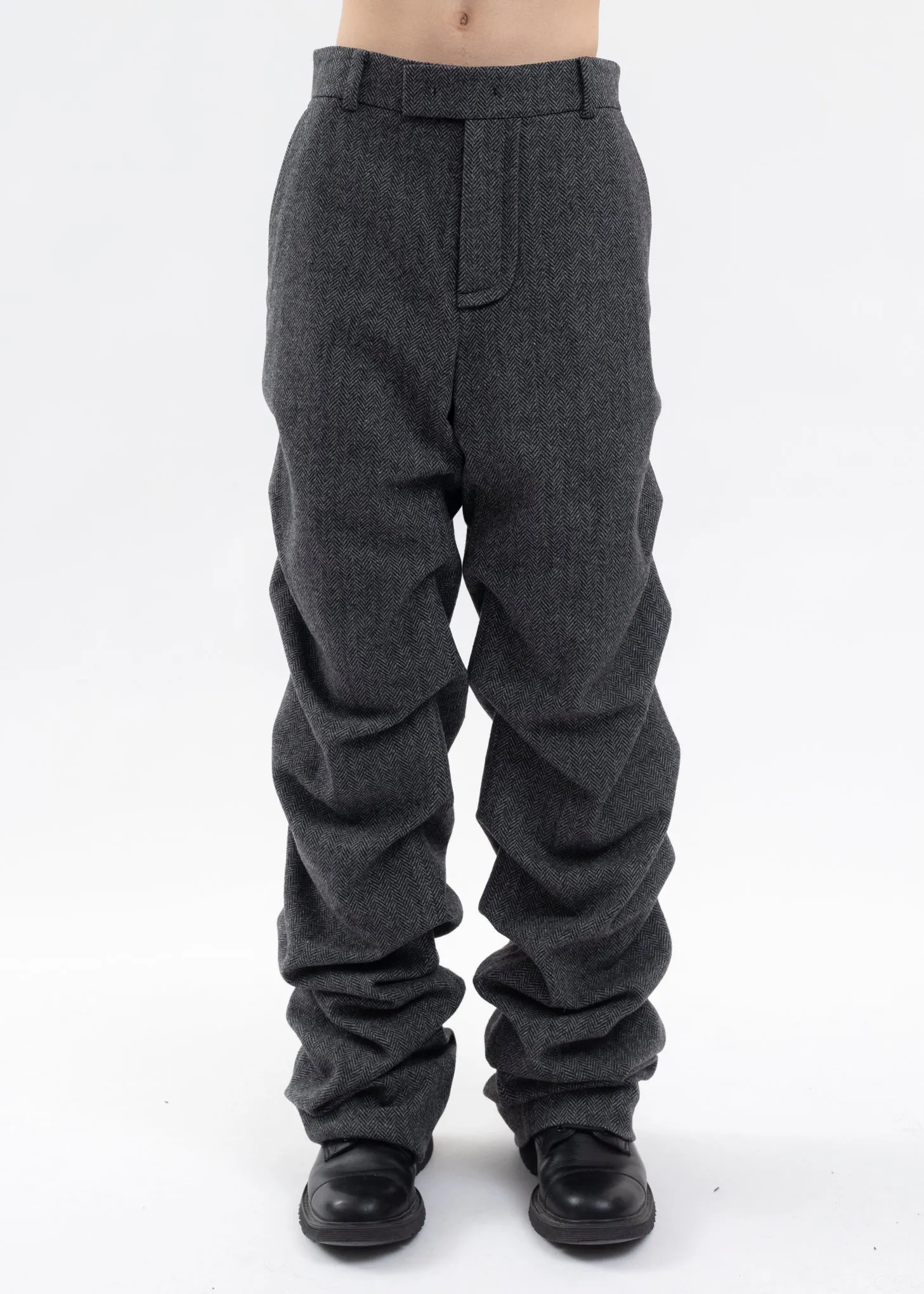 DARK GREY MENS HERRINGBONE SHIRRING SILM PANTS