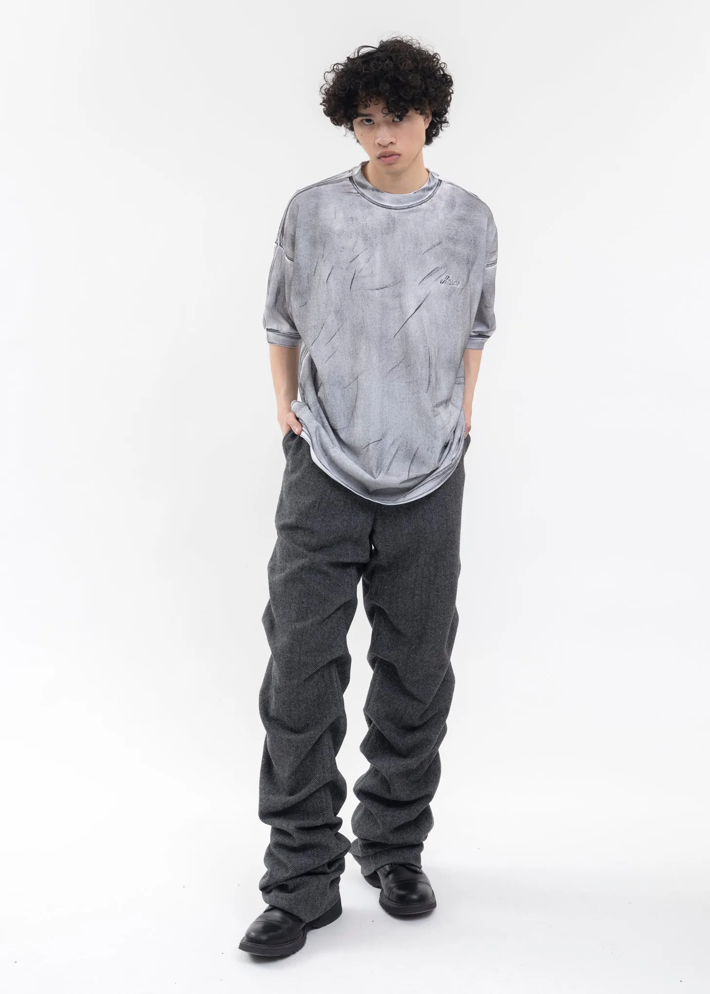 DARK GREY MENS HERRINGBONE SHIRRING SILM PANTS