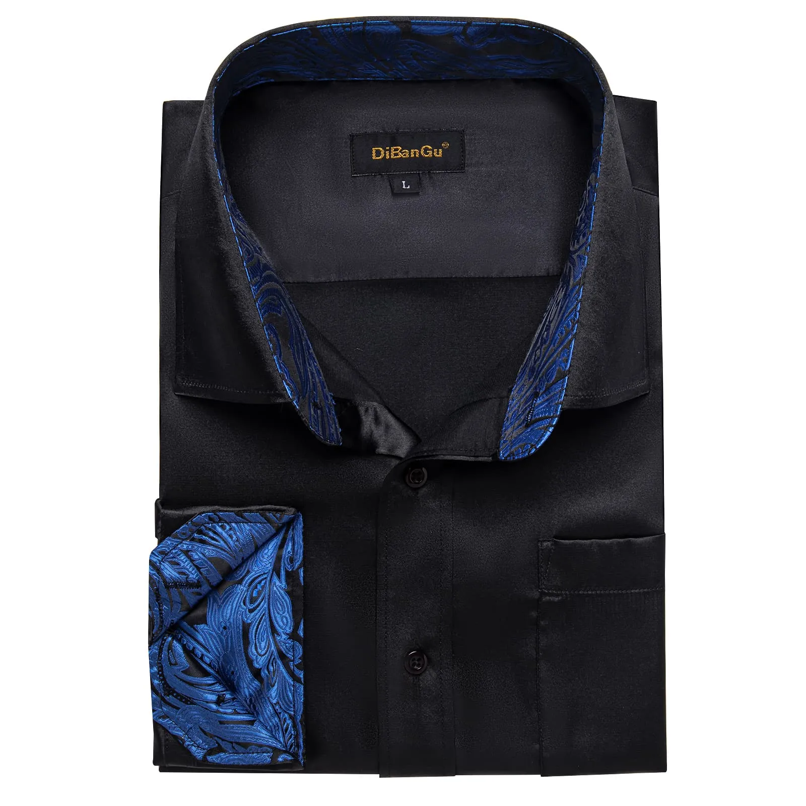 DiBanGu Collar Shirt Onyx Black Satin Splicing Solid Button Down Mens Shirt for Business