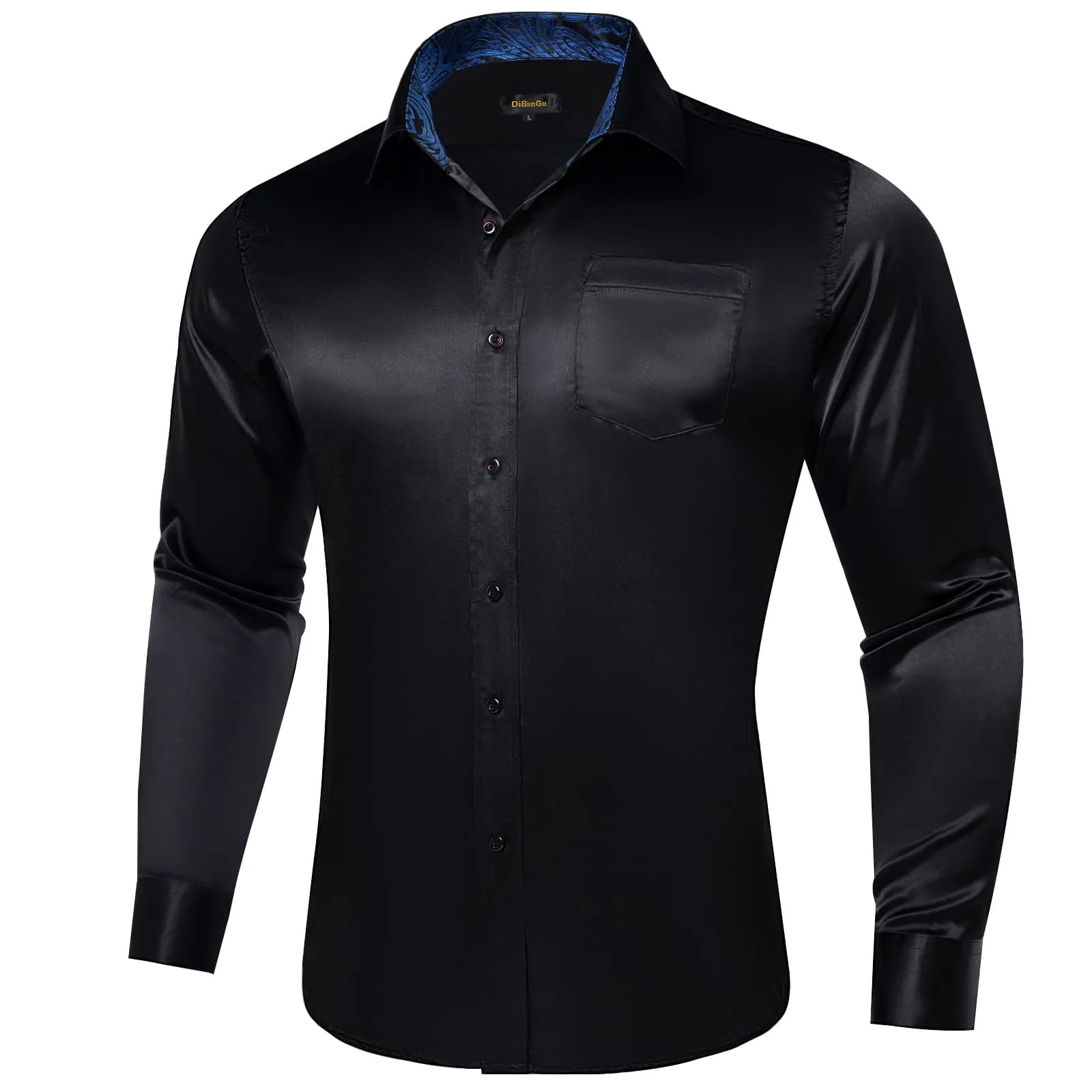 DiBanGu Collar Shirt Onyx Black Satin Splicing Solid Button Down Mens Shirt for Business