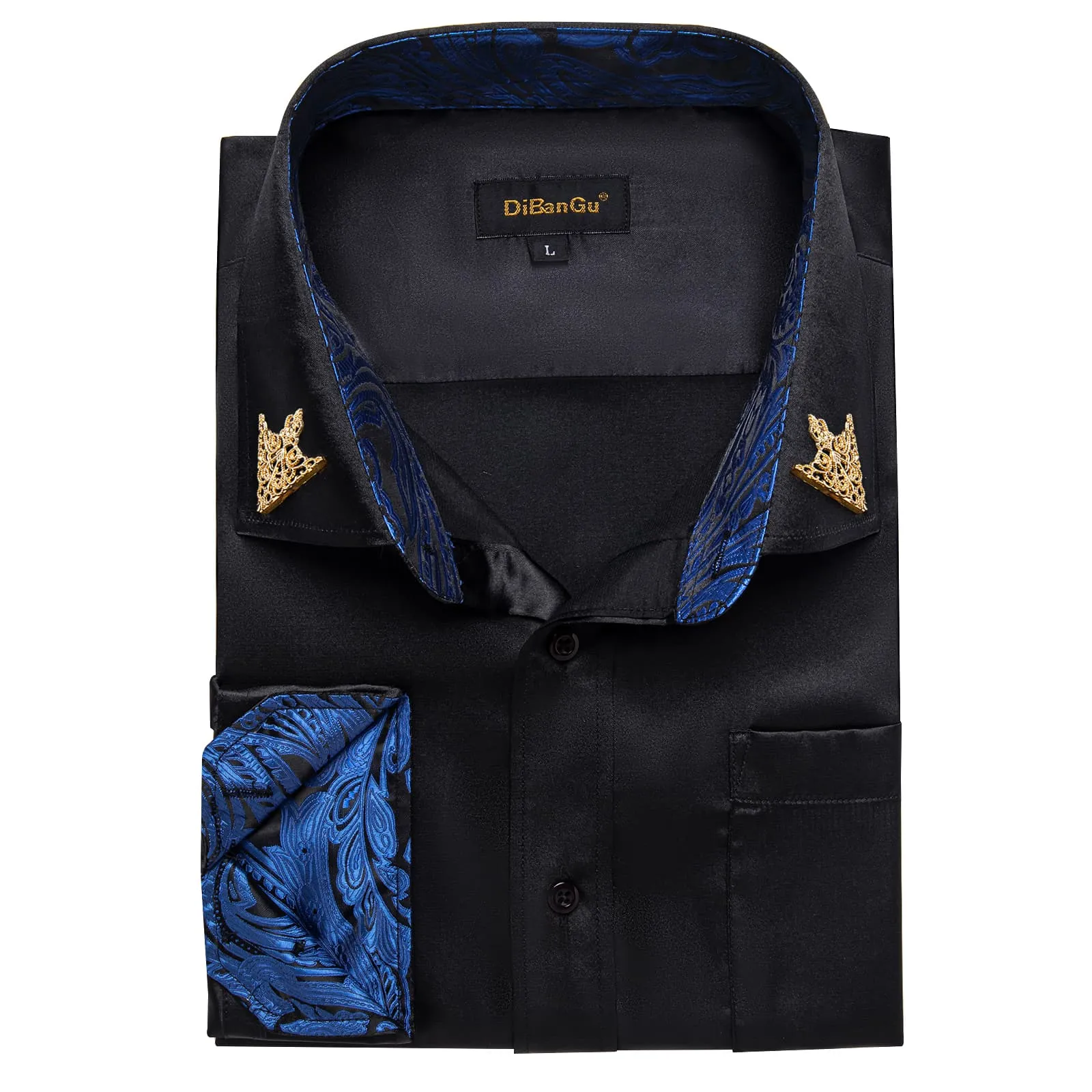 DiBanGu Collar Shirt Onyx Black Satin Splicing Solid Button Down Mens Shirt for Business