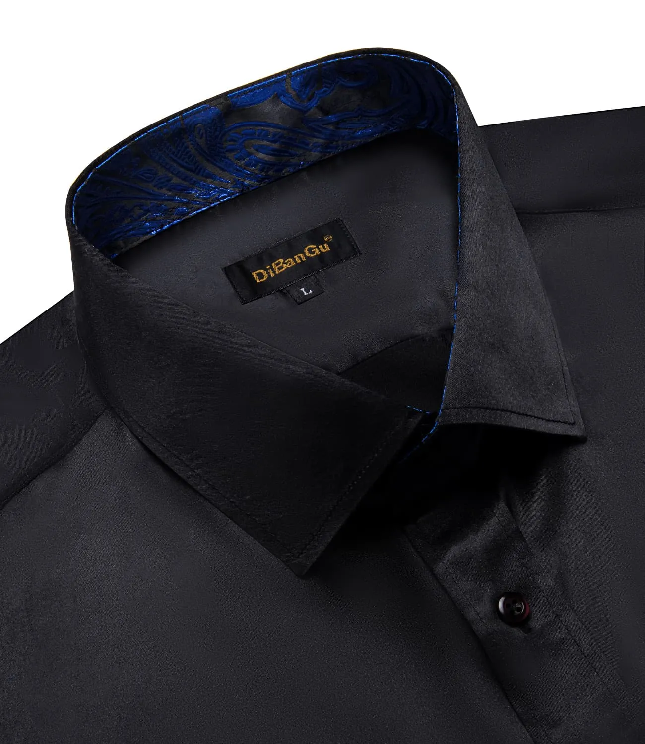 DiBanGu Collar Shirt Onyx Black Satin Splicing Solid Button Down Mens Shirt for Business