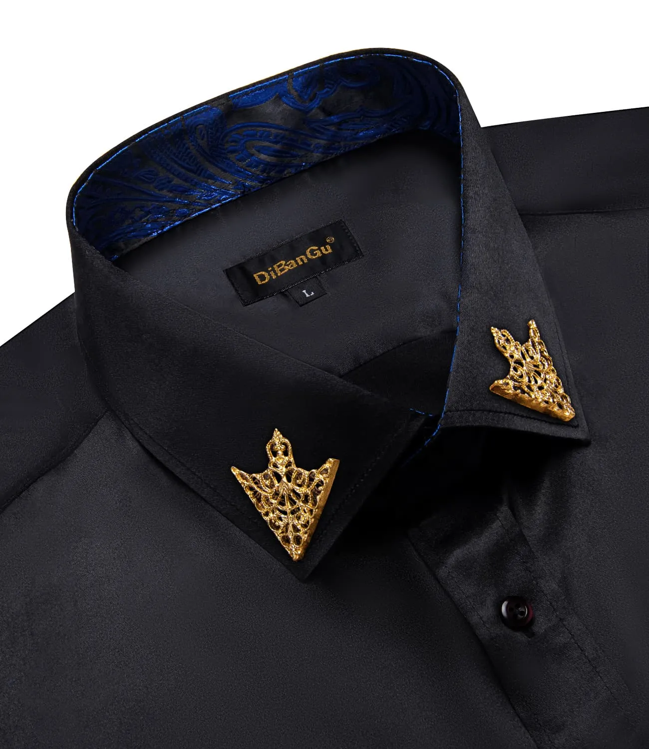 DiBanGu Collar Shirt Onyx Black Satin Splicing Solid Button Down Mens Shirt for Business