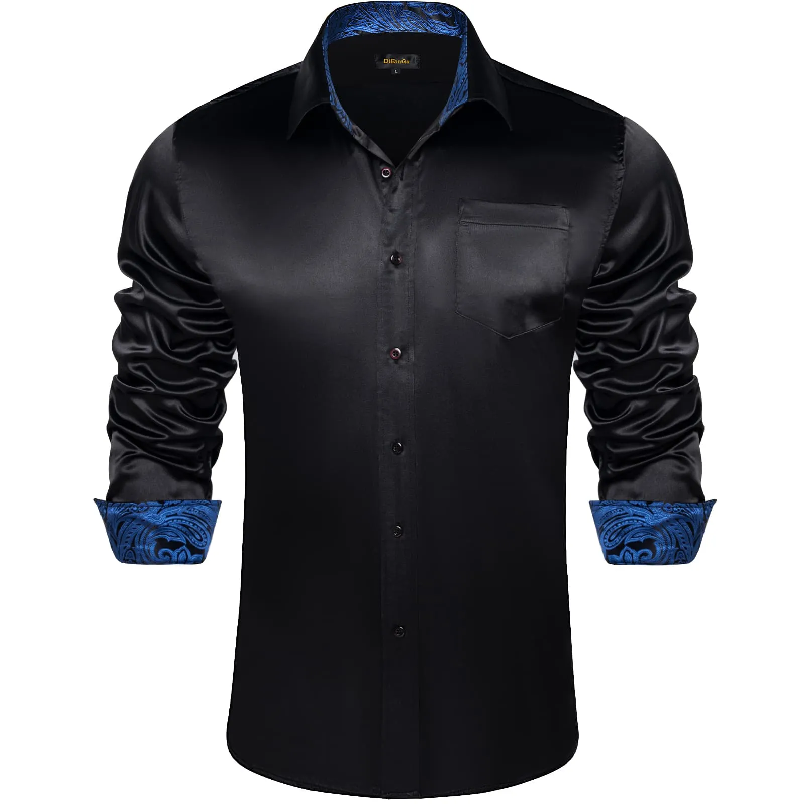 DiBanGu Collar Shirt Onyx Black Satin Splicing Solid Button Down Mens Shirt for Business