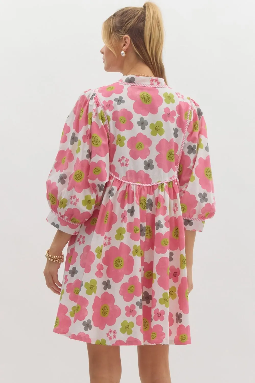 Entro Floral Babydoll Dress With Contrast Trim And Mid Sleeves