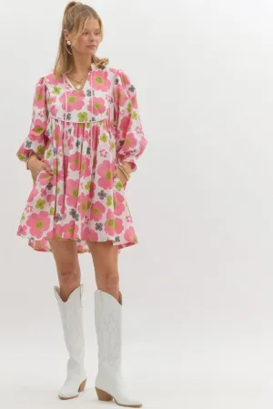 Entro Floral Babydoll Dress With Contrast Trim And Mid Sleeves