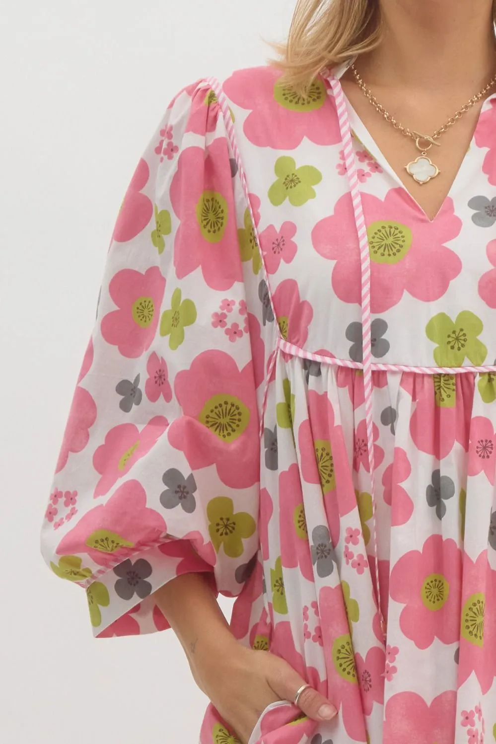 Entro Floral Babydoll Dress With Contrast Trim And Mid Sleeves