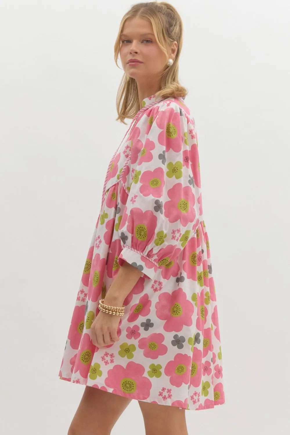 Entro Floral Babydoll Dress With Contrast Trim And Mid Sleeves