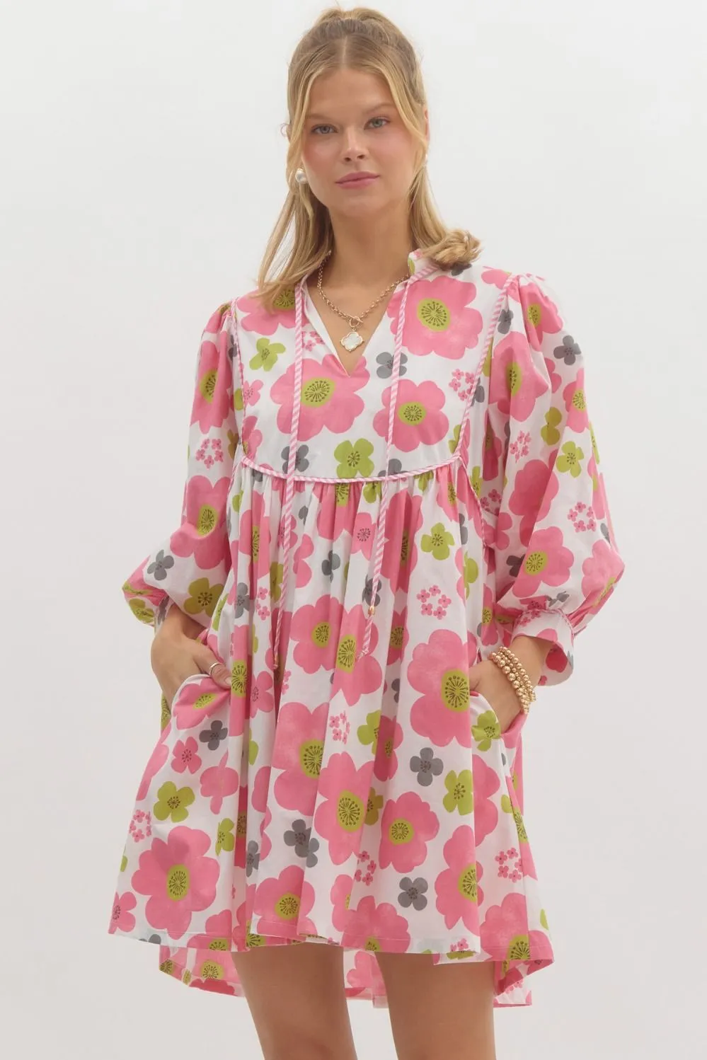 Entro Floral Babydoll Dress With Contrast Trim And Mid Sleeves