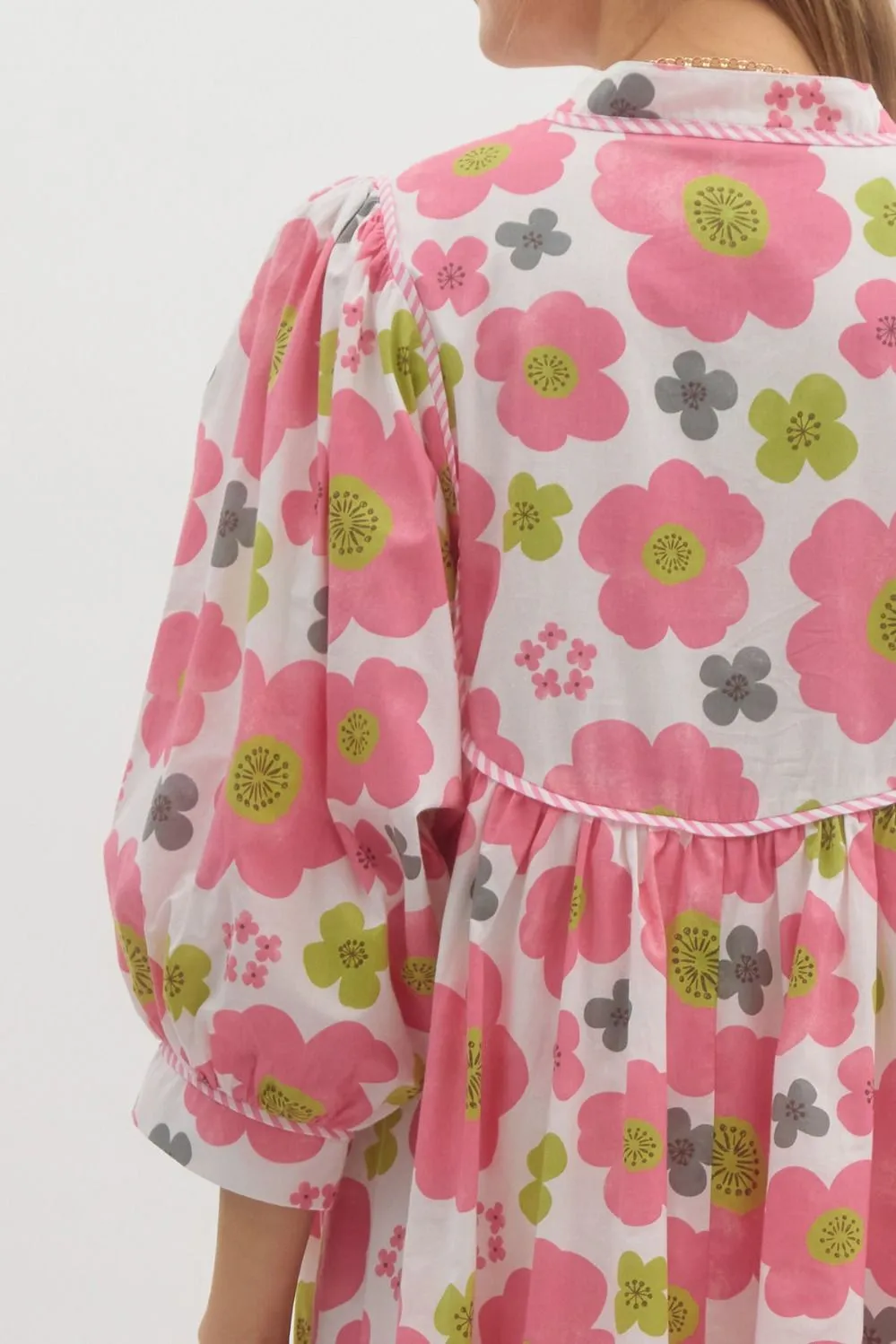 Entro Floral Babydoll Dress With Contrast Trim And Mid Sleeves