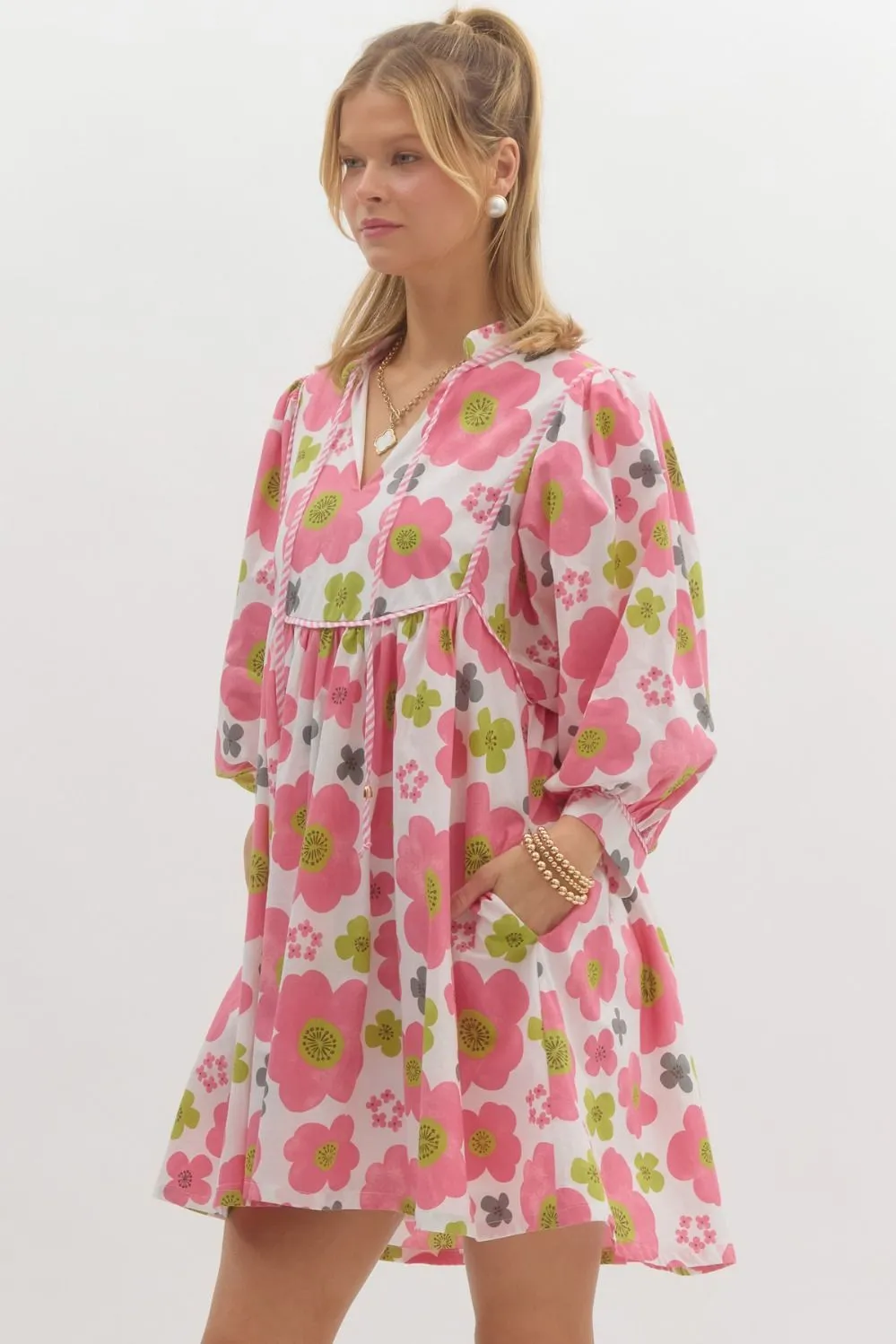 Entro Floral Babydoll Dress With Contrast Trim And Mid Sleeves