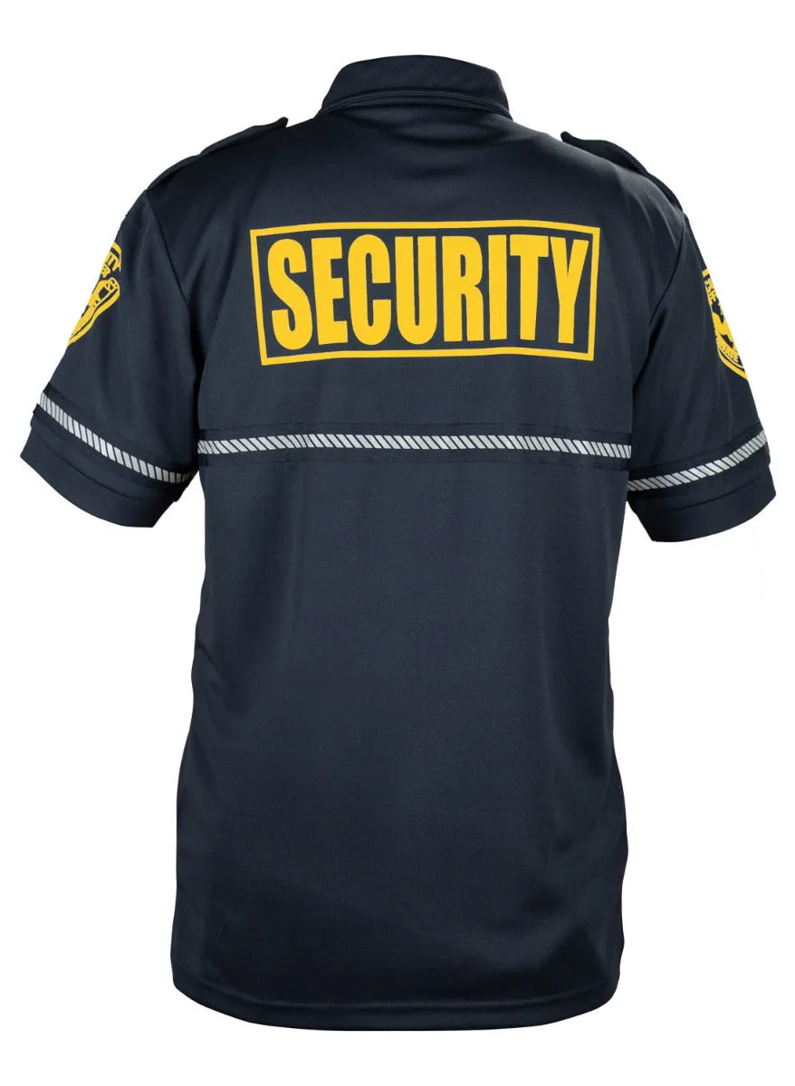 First Class Security and Patch Bike Patrol Polo Shirt with Zipper Pocket and Reflective Hash Stripes