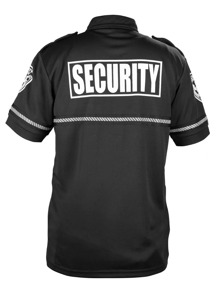 First Class Security and Patch Bike Patrol Polo Shirt with Zipper Pocket and Reflective Hash Stripes